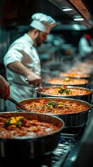 Obraz premium Professional Chef Cooking in Commercial Kitchen with Colorful Sauces in Large Pans