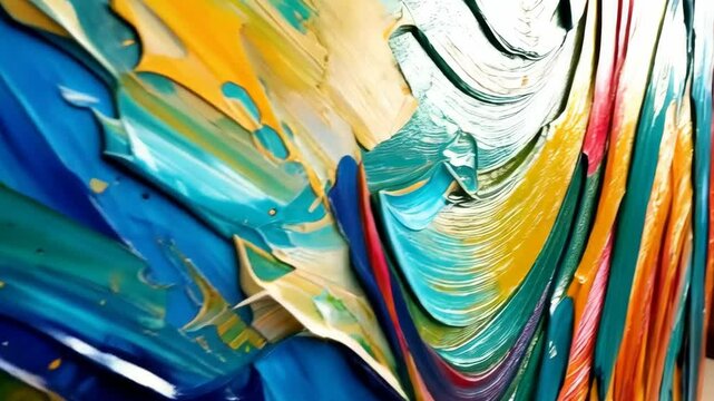 Abstract expressionism vibrant painting features brushstrokes in blue, yellow, and green hues, with textured surface and dynamic composition style.