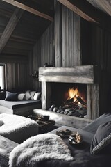 Open living area in a rustic cabin with stone fireplace, wood paneling, modern touches, cozy textiles, and a comfortable sofa facing the hearth