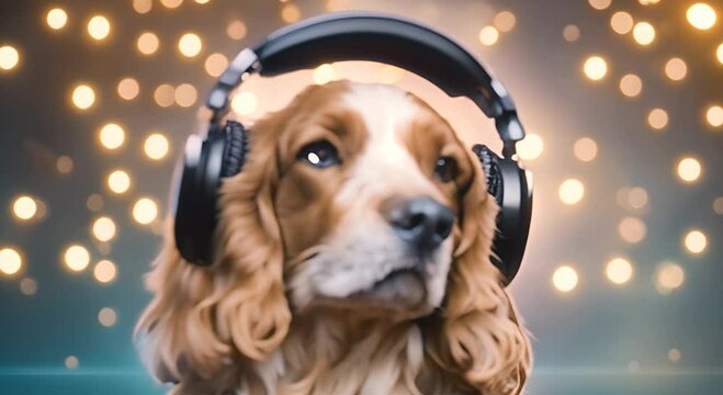 Golden Beats Cocker Spaniel in Audio Bliss A portrait of a Cocker Spaniel lost in a world of sound illuminated by warm bokeh lights wearing headphones with an air of pure contentment 4K