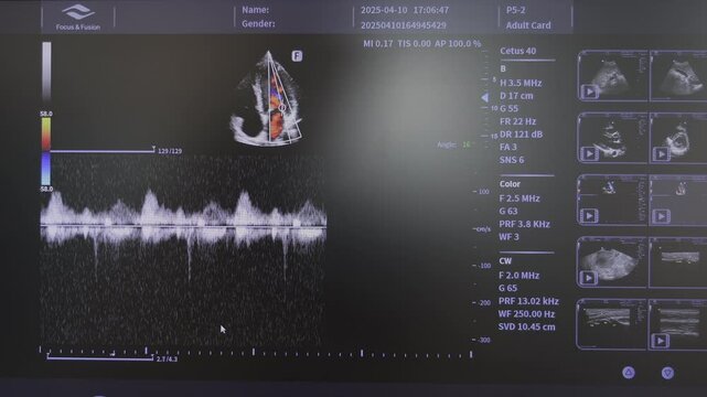 Echocardiogram screen with Doppler waveform and heart chamber scan, Cardiac ultrasound shows blood flow velocity and structural heart imaging