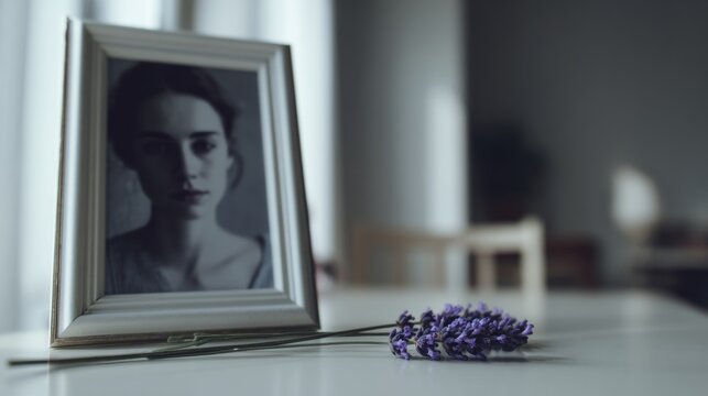 Framed woman portrait with lavender symbolizing lost memory and Alzheimer’s awareness tribute - Powered by Adobe