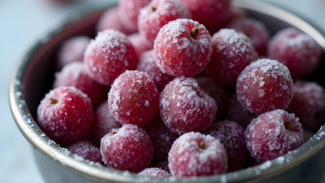 Frozen haskap berries in frosty metal bowl closeup shot emphasizing texture and temperature