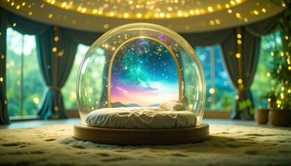 Glass Cocoon in a Circular Room with Velvet and Soft Lighting