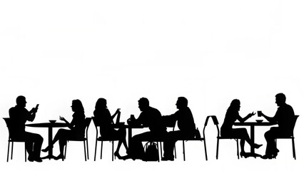 Silhouette of people sitting at tables in an outdoor cafe setting with drinks and mobile phones shown created with generated ai