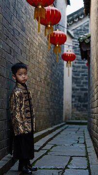 Jeune gar&ccedil;on en habit traditionnel chinois sous lanternes rouges