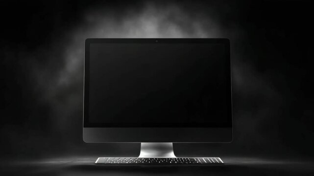 Mock up of a computer with a blank screen and keyboard, set against a dark background, ideal for showcasing digital content