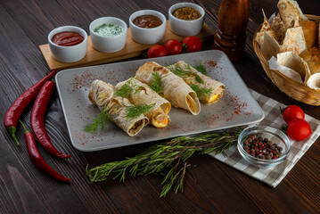 Suluguni cheese shashlik on a wooden background