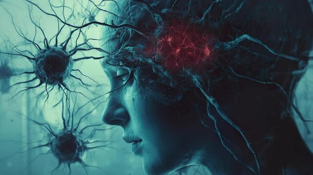 A woman with her head in the middle of her brain