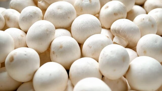 Close-up of a pile of fresh white Agaricus bisporus mushrooms, showing the gills under the caps, ideal for culinary and vegetarian themes.