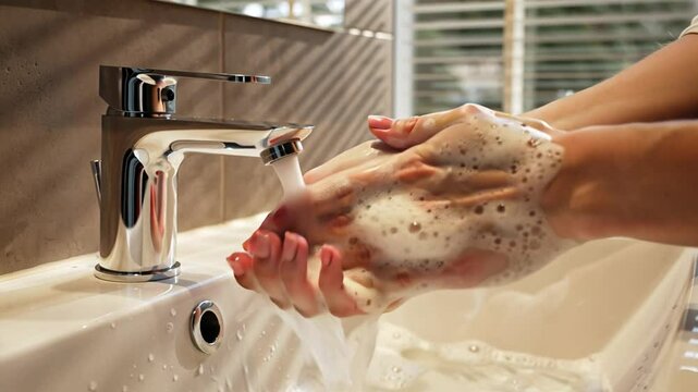 women's hands are washed with soap under the tap in the bathroom