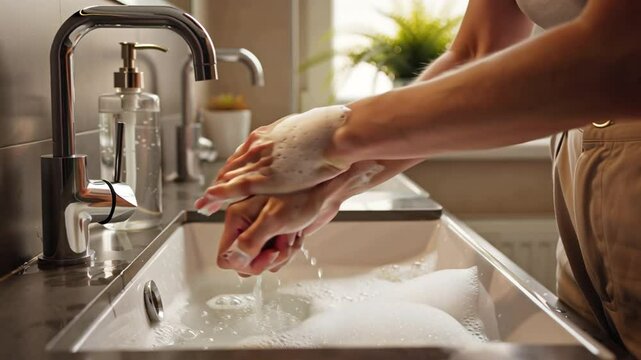 women's hands are washed with soap under the tap in the bathroom