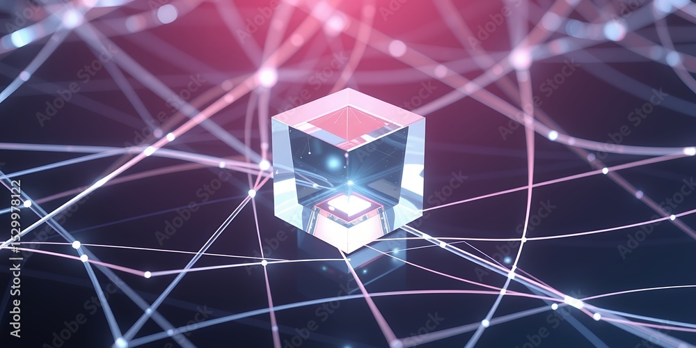 Poster a glowing cube surrounded by a network of interconnected lines and dots in a dark environment