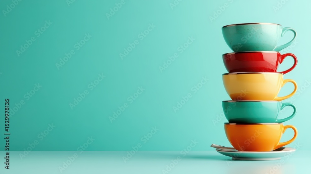 Poster a visually appealing arrangement of colorful cups stacked neatly on a solid turquoise background, re
