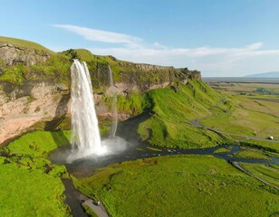 Iceland waterfall cascading down cliff face, lush green valley