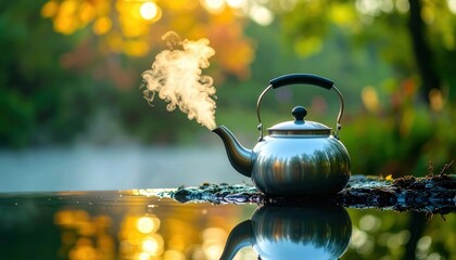 Silver Teapot on Reflective Surface with Steam Drifting Above