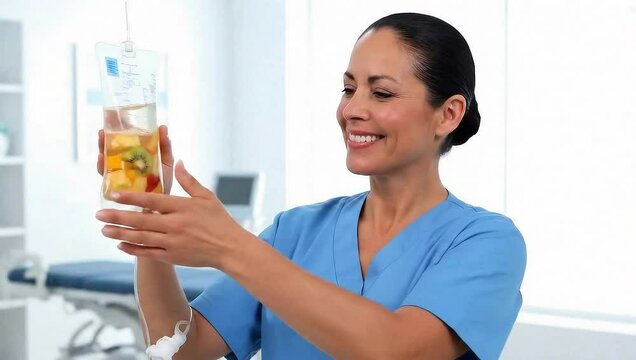 In a well-lit clinic room, a cheerful nurse is holding an IV drip bag filled with tropical fruits and juices for vitamin infusion therapy. slow motion scene	