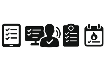 Mindful Task Icons. Solid style icons of mindful task management: task planner screen, digital task progress, user with task aura,