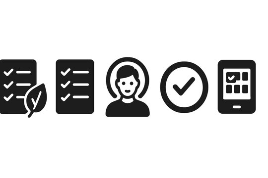 Solid Task Management Icons. Solid style icons of mindful task management: checklist with leaf badge, calm task list, focused user