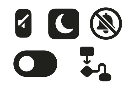 Silent Productivity Icons. Solid style icons of quiet digital productivity: mute switch with glow, quiet mode app icon,