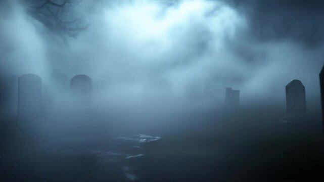 Ghostly silhouette emerging from misty graveyard. Dark landscape with tombstones surrounded by thick fog. Eerie supernatural atmosphere with bare tree branches.
