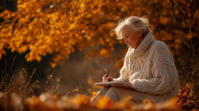 Senior american woman 65 years old sketching autumn trees in a park