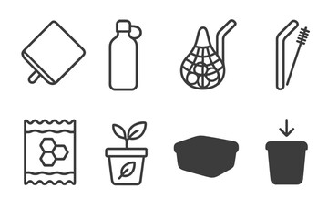 Zero Waste Icons. Line style icons of zero waste lifestyle: cloth napkin, refill bottle, bulk shopping, metal straw, beeswax wrap,