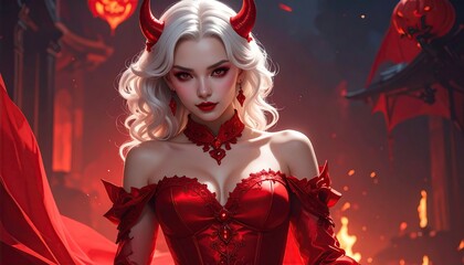 Woman in red dress,  devil horns,  glamourous pose