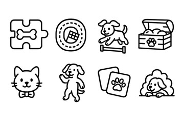 Virtual Pet Game Icons. Line style icons of virtual pet games: puzzle treat, race track, obstacle jump, treasure hunt, pet