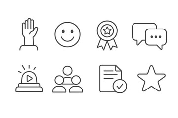 Student Engagement Icons. Line style icons of student engagement: hand raise, smiley face, participation badge, discussion icon,