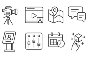 Hybrid Event Tech Icons. Line style icons of hybrid event tech: camera setup, streaming overlay, venue map, live chat,