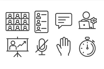 Virtual Conference Icons. Line style icons of virtual conference rooms: video wall, participant list, chat panel, moderator