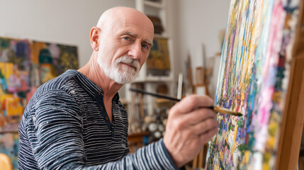 Senior swedish man 65 years old painting a landscape on canvas in a bright, minimalist art studio