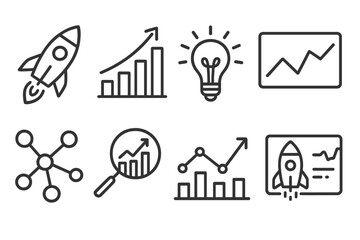 Innovation Icons Collection. Line style icons for innovation and trends: rocket, graph growth, idea bulb, trend chart, network,