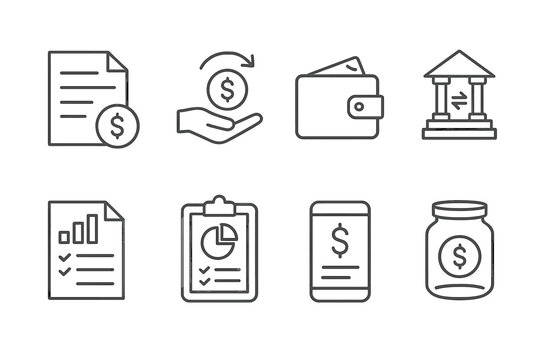 Financial Line Icons. Line style icons for payment and finance: invoice, payment received, wallet, bank transfer, tax documents,