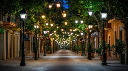 Night street lit by lamps through trees