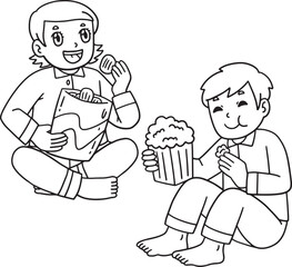 Sleepover Children Eating Snacks Isolated Coloring