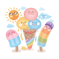 Nine cartoon ice cream and popsicle characters with happy faces and different shapes and colors