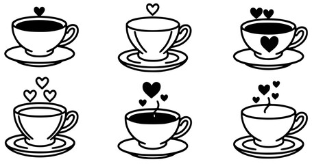 Simple hand drawn black and white coffee cups with heart shaped steam for romance