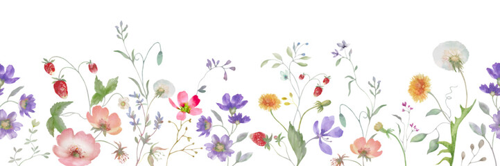 Seamless watercolor border with wildflowers, wild strawberries. Hand painted floral background. Vector EPS.