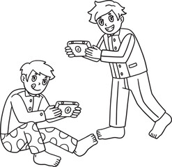 Sleepover Boys Playing Handheld Consoles Isolated 