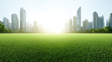 Lush green grass field stretches before modern city skyline.