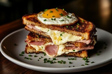Delicious Sandwich With Egg and Ham Served on a White Plate in a Cozy Restaurant Setting