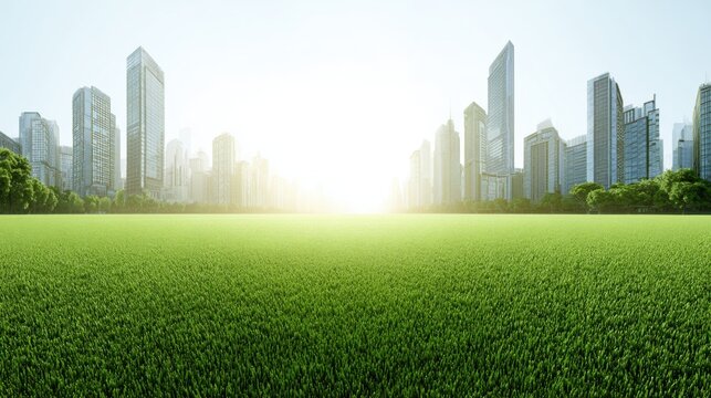 Lush green grass field stretches before modern city skyline.