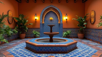 Ornate courtyard with fountain and terracotta walls