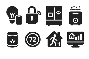 Smart Home Icons. Solid style icons of smart home systems: lightbulb with app, smart lock, connected fridge, air purifier icon,