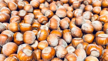 heap of brown hazelnuts with some cracked shells, perfect for nut harvest, baking ingredients, and rustic food photography. Organic hazelnuts in a pile, ideal for healthy snacks, autumn harvest