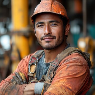 A candid shot captures the confident gaze of a Hispanic male factory worker, his arms crossed against the backdrop of a bustling industrial construction site. Generative AI enhances the image 