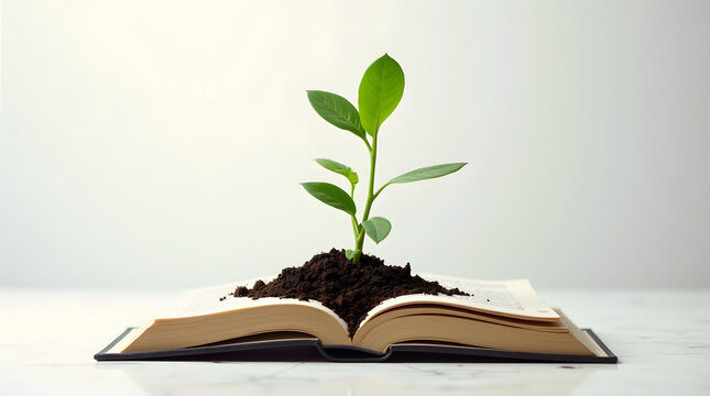 livre ouvert ou pousse une plante verte. isol&eacute; sur fond blanc, style photor&eacute;aliste, symbole du savoir 