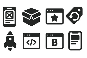 Solid Style Product Icons. Solid style icons of product design and dev: prototype screen, product box, feature icon, iteration tag